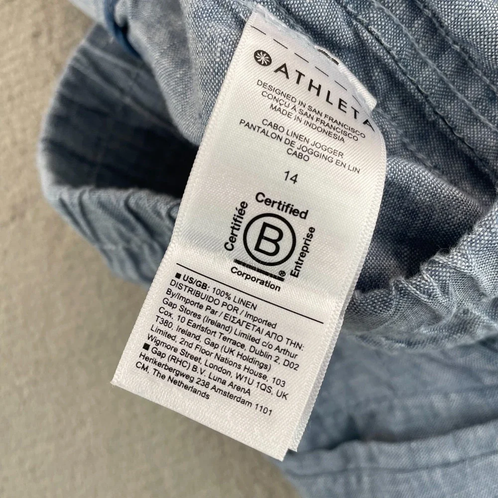 Athleta Cabo Linen Jogger Women 14 Blue‎ Tapered Fit Active Travel NWOT